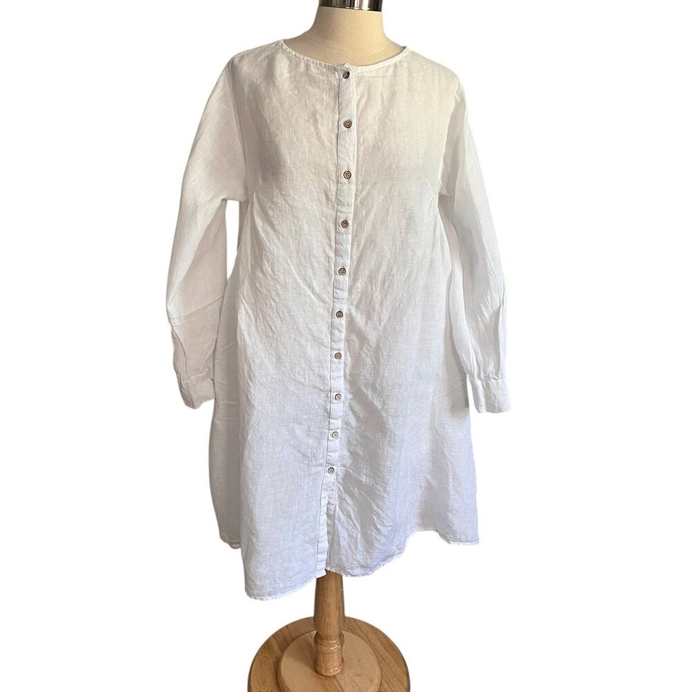 Embellish 100% Linen White Relaxed Fit  Shirt Dress Made In India Size Small